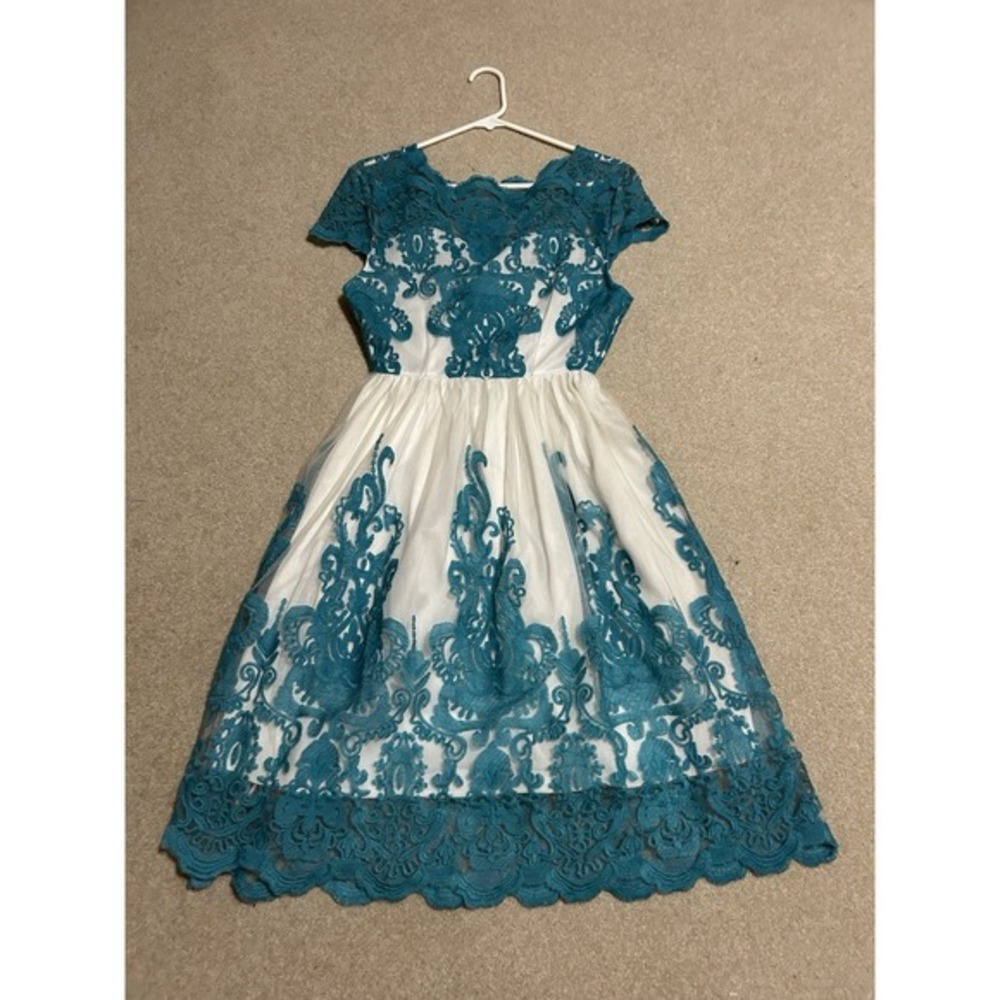 White Dress W Teal Lace Med Prom Formal Wedding Fairycore Ethereal Angelcore